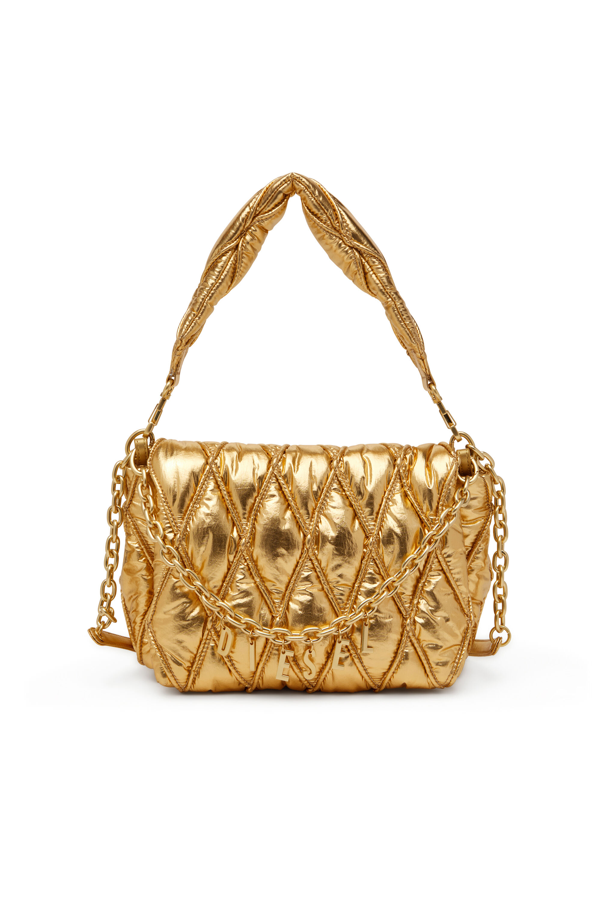 Diesel - CHARM-D SHOULDER M, Woman's Charm-D M-Shoulder bag in quilted metallic nylon in Gold - 1