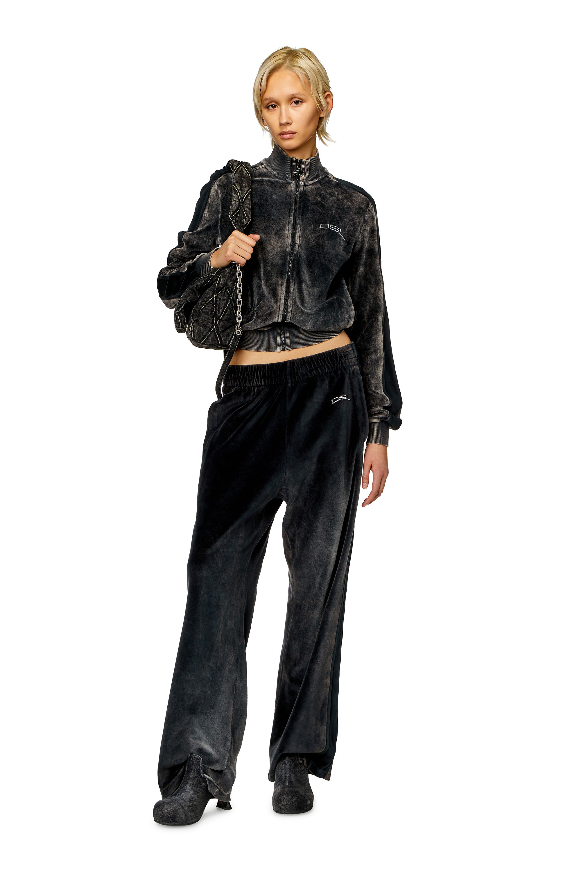 Diesel - P-MARTYN, Woman's Acid-wash chenille wide-leg sweatpants in Black - 2
