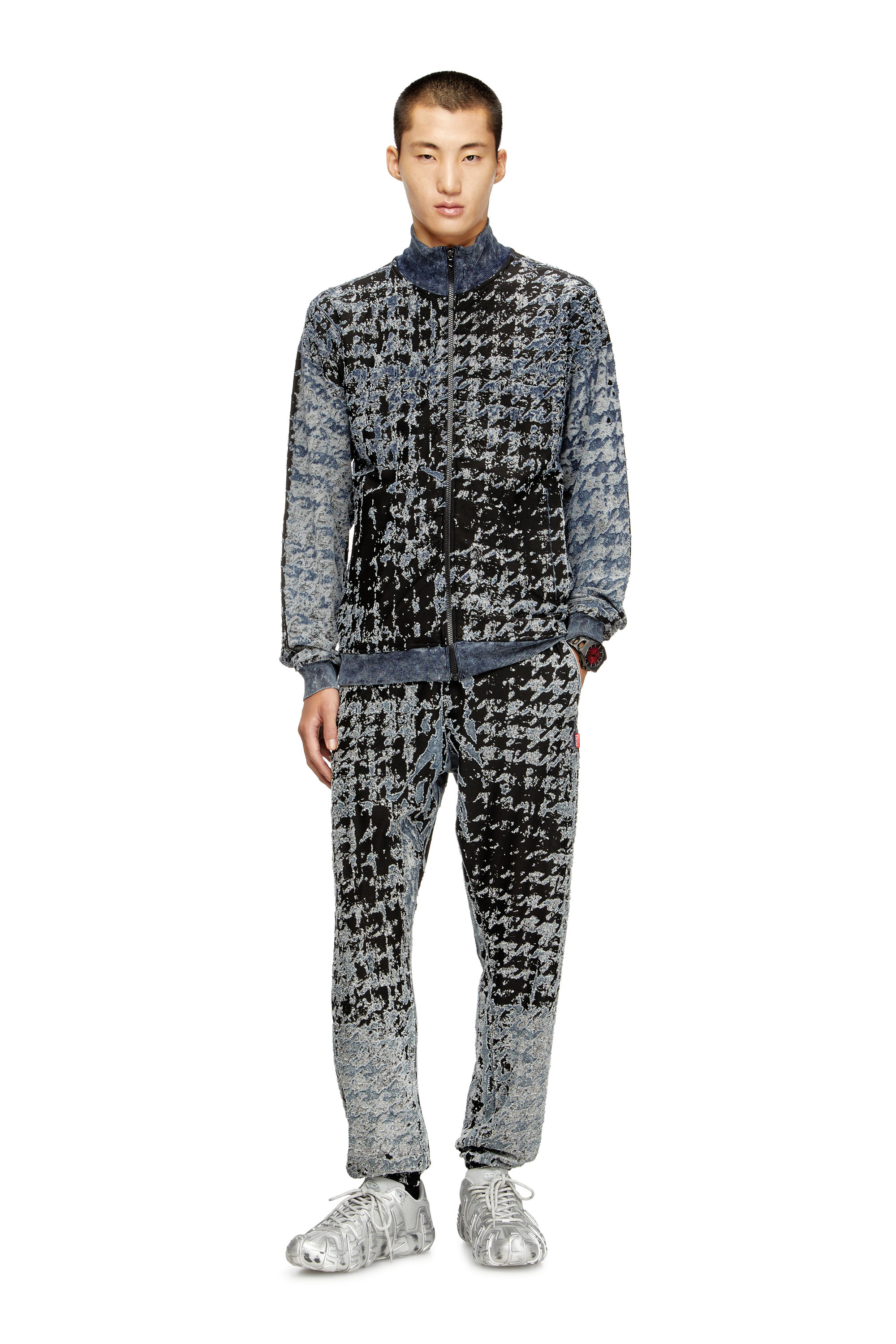 Diesel - S-CORR, Man's Devoré houndstooth zip-up top in Blue/Black - 2