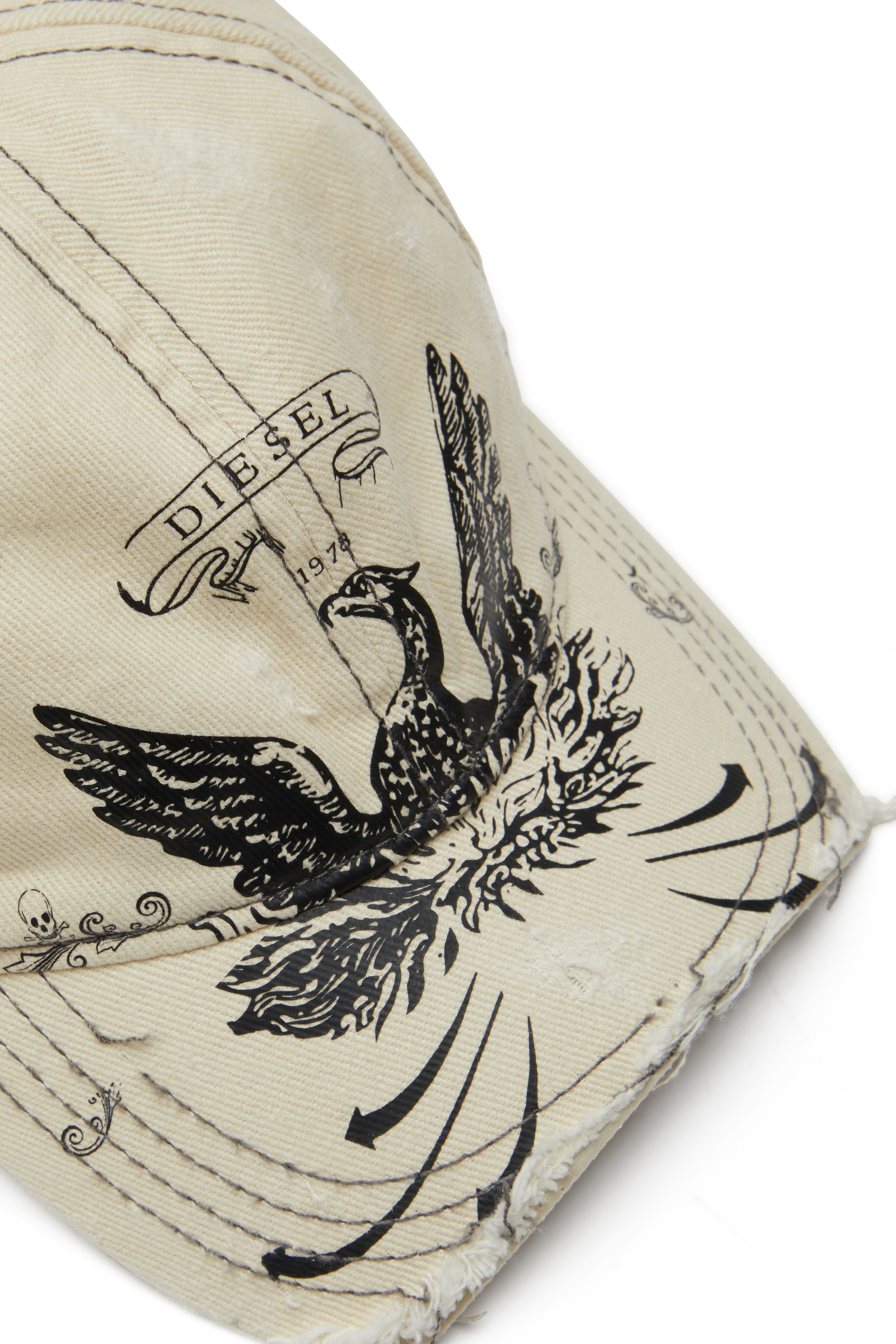 Diesel - C-FENIX, Man's Distressed baseball cap with Phoenix print in White - 4