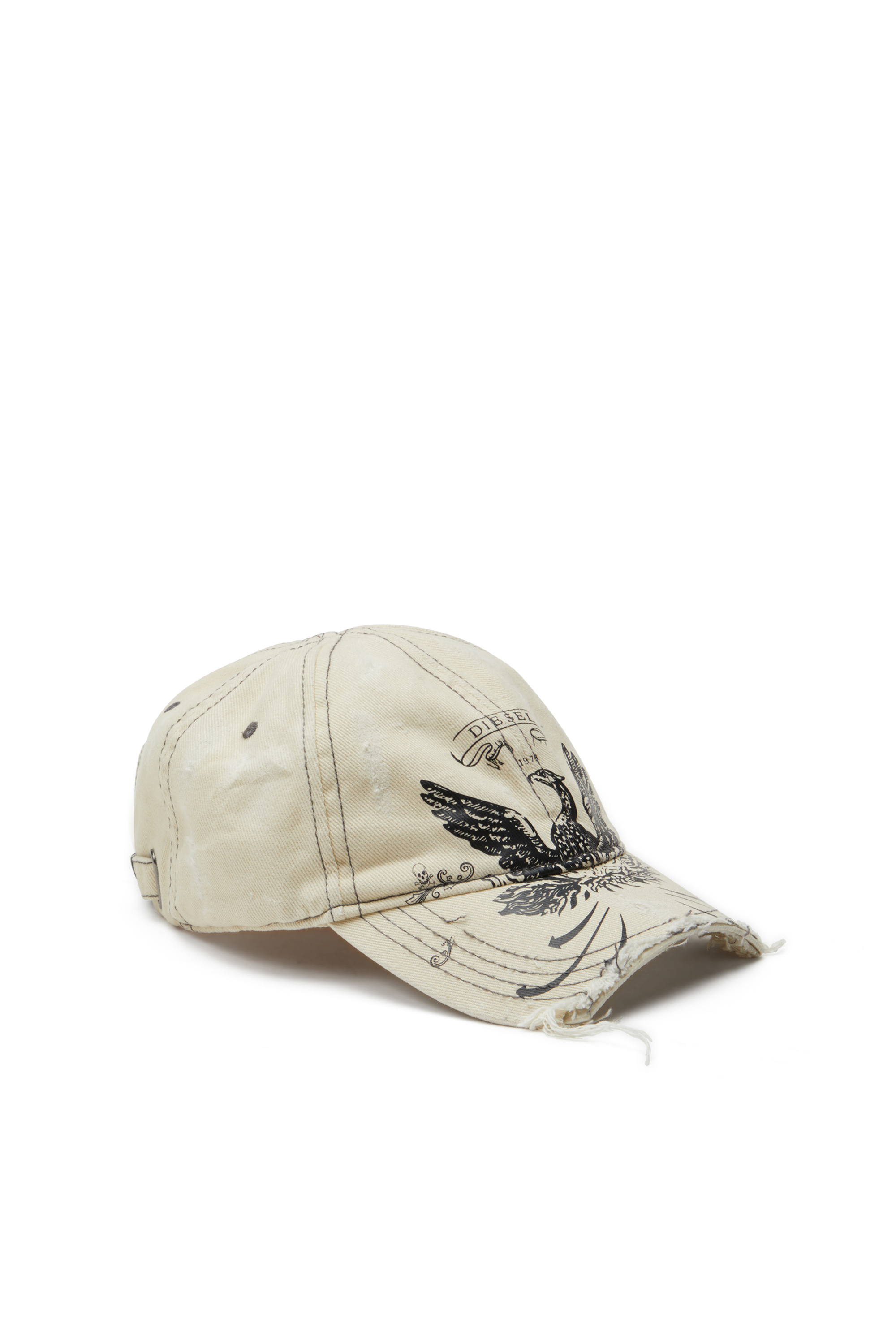 Diesel - C-FENIX, Man's Distressed baseball cap with Phoenix print in White - 2
