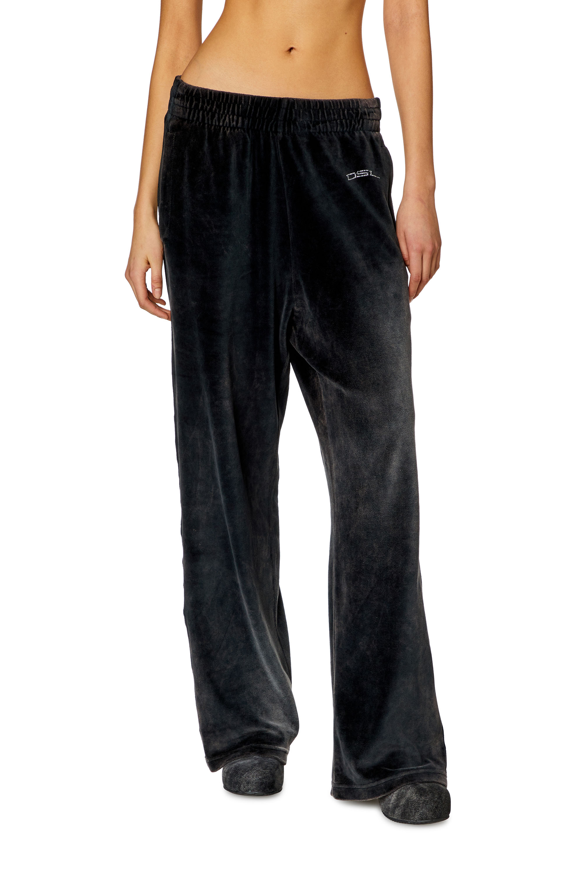 Diesel - P-MARTYN, Woman's Acid-wash chenille wide-leg sweatpants in Black - 1
