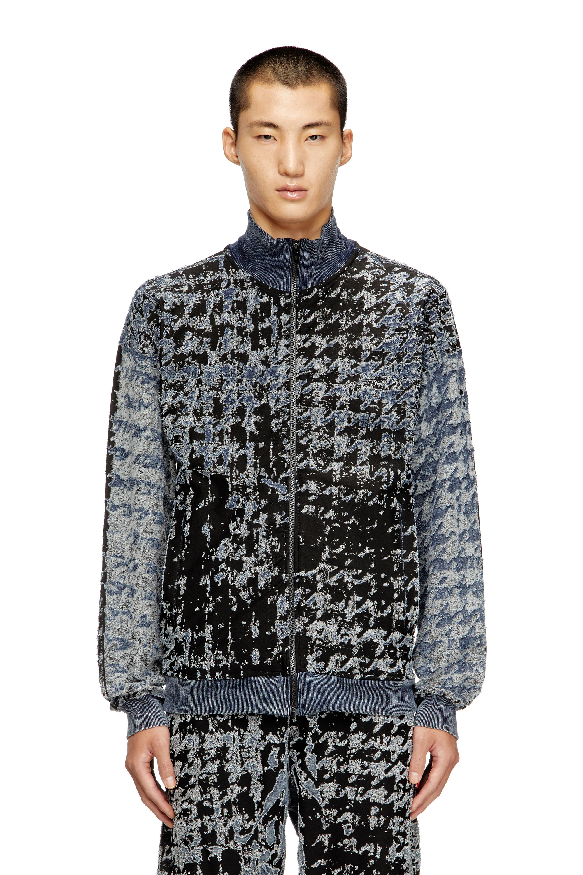 Diesel - S-CORR, Man's Devoré houndstooth zip-up top in Blue/Black - 1