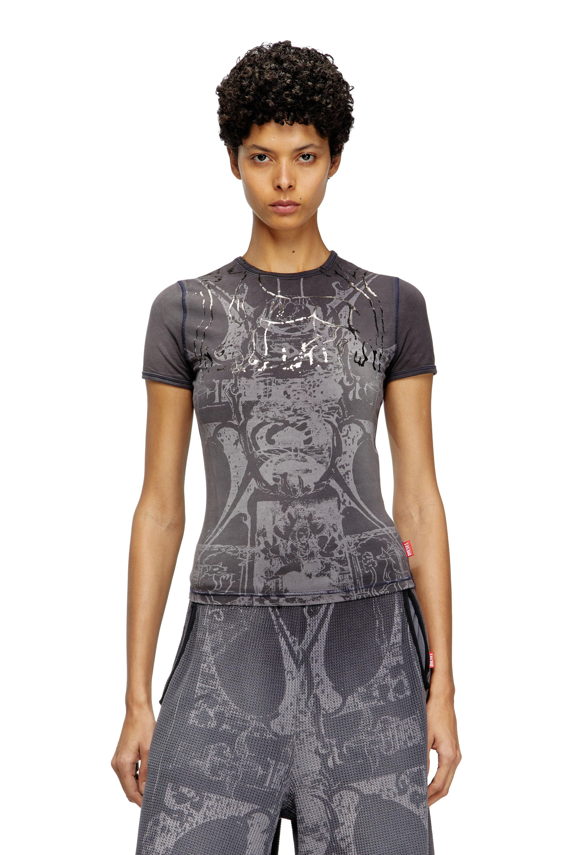 Diesel - T-UNCUTIES-LONG-R6, Woman's T-shirt with foil print in Black - 1
