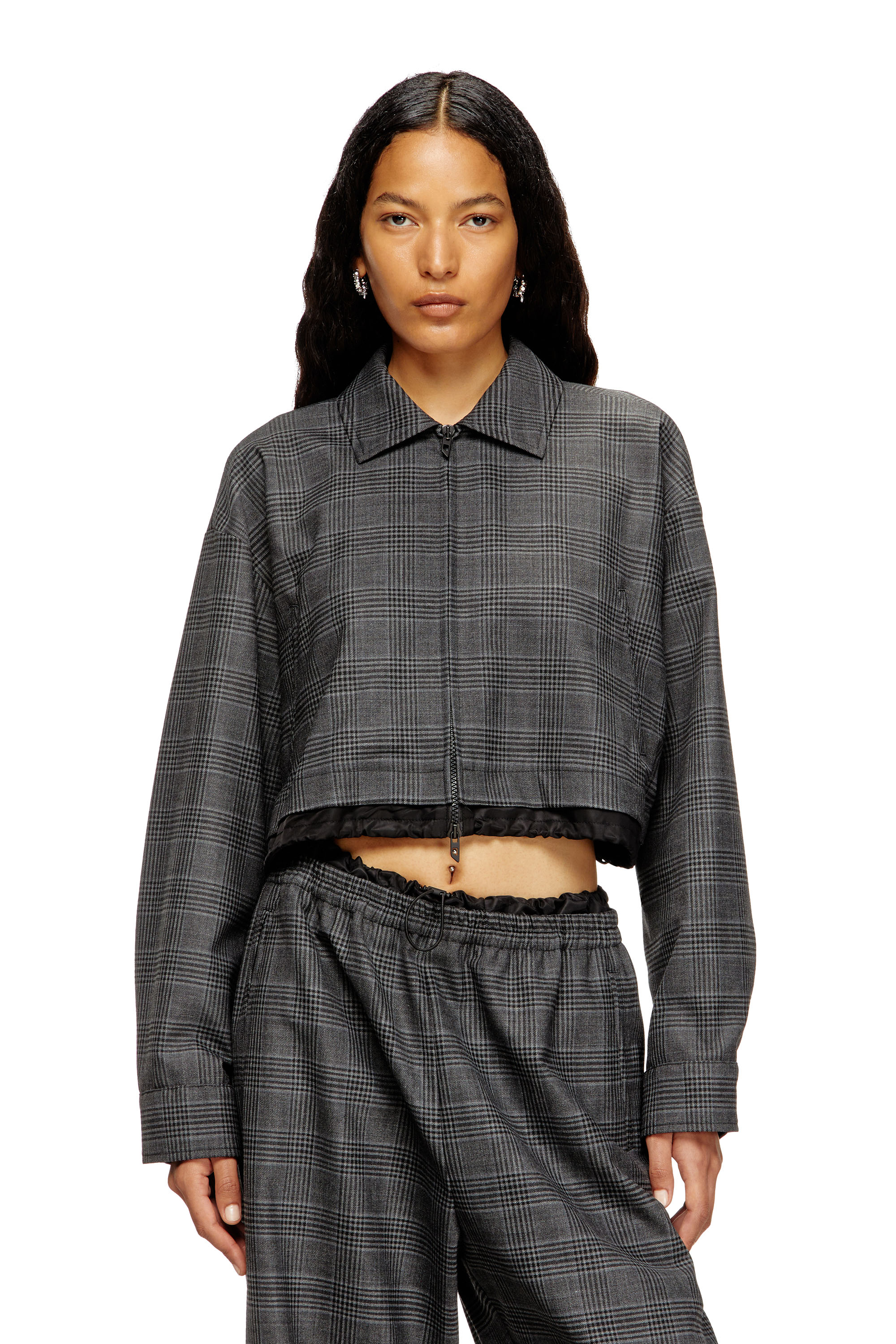 Diesel - J-TING-FEM, Woman's Cropped Prince of Wales wool-blend coach jacket in Black - 1